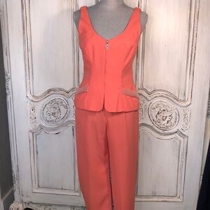 AJ Bari VINTAGE Orange Sherbet Beaded Embellished Halter Top 2 PC Pant Suit S/6